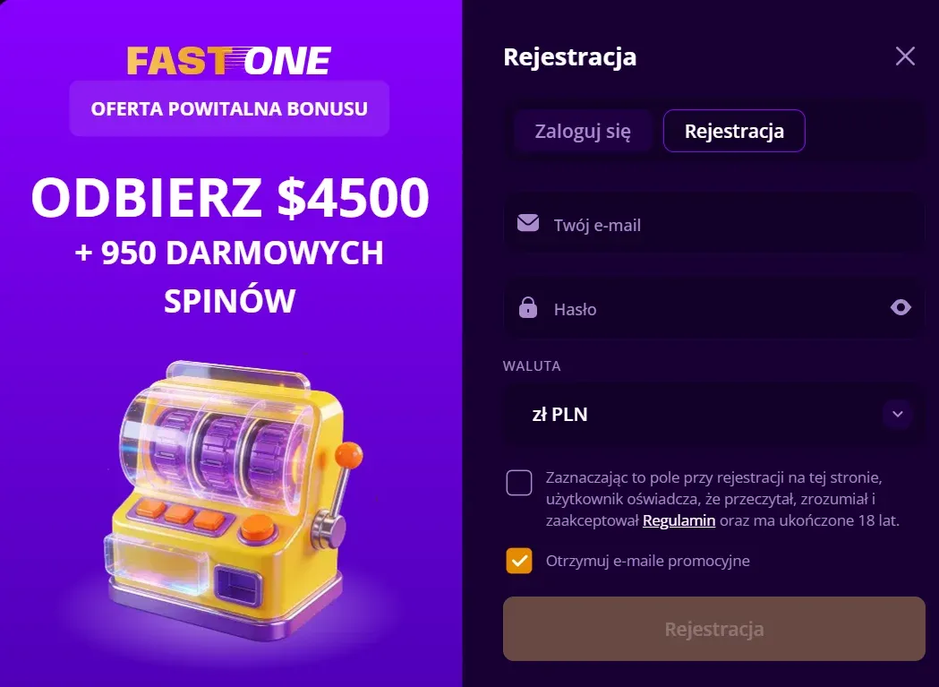Formularz zakładania nowego konta gracza z wyborem waluty w kasynie F1 Casino